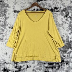 J Jill Pima 3/4‎ Sleeve V-Neck Top Womens Size PL Yellow Comfort Casual